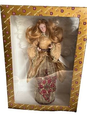 Vintage Dillard’s Trimmings Porcelain Angel Tree Topper Gold Burgundy Gown